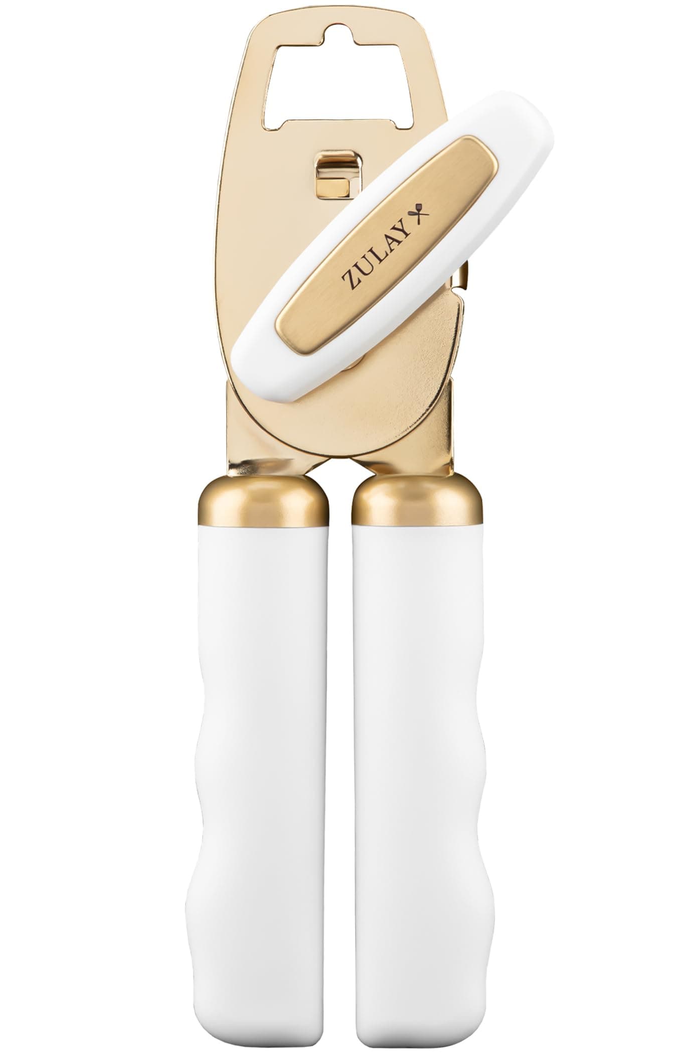 Zulay Kitchen Heavy Duty Stainless Steel Can Opener Manual with Bottle Opener - Rust Proof Manual Can Opener with Turn Knob & Soft Grip Handles - White/Gold