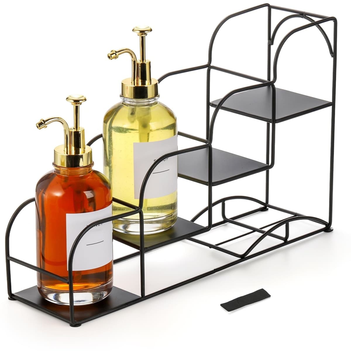 Noamus 4-Tier Syrup Bottle Holder, Iron 4 Compartment Bottle Organizer Rack, 16" Countertop Display Storage Shelf Bottle Stand, Metal Coffee Bar Organizer for Dressing, Wine, Juice, Kitchen, Black