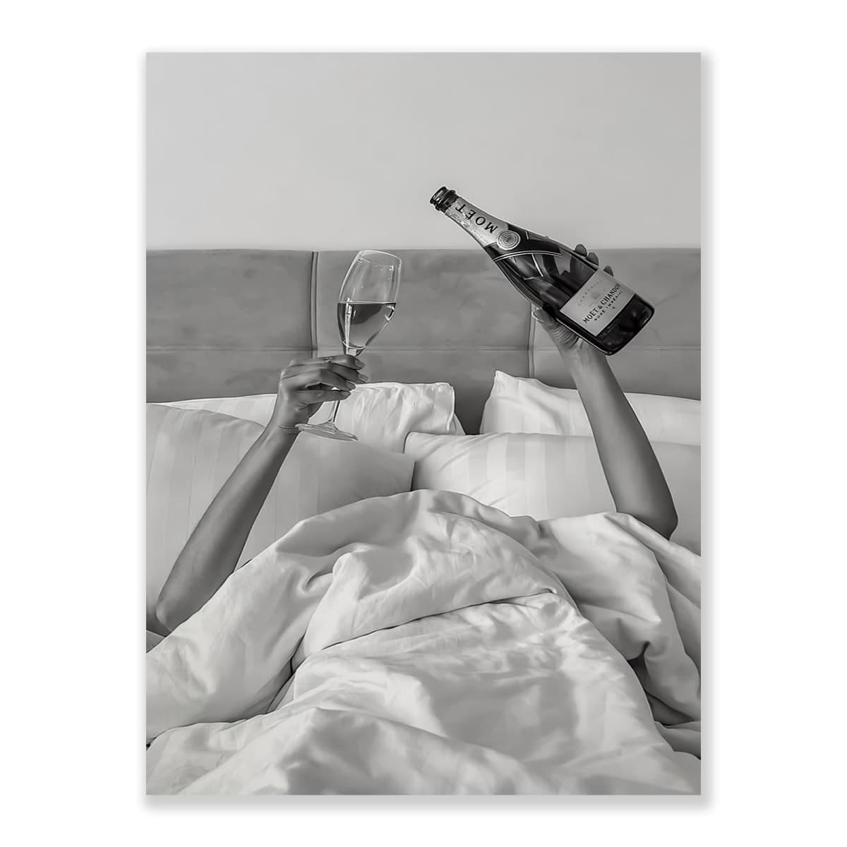 WBSTGUE Vintage Trendy Black and White Canvas Wall Art Fashion Feminist Aesthetic Posters Bar Cart Decor Woman Drinking Wine in Bed Print for Living Bathroom Home Bar 12x16 Inch Unframed