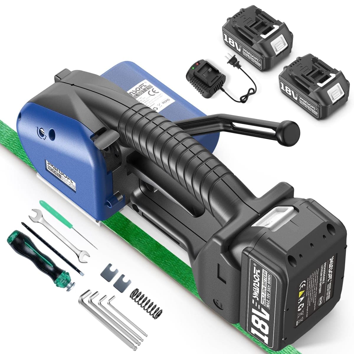 SWANSOFT Electric Strapping Machine for Width 0.51" - 0.63" PP PET Straps, 2 x 5000mAh 18V Battery Automatic Strapping Tool, Handheld Semi-Automatic Banding Tools for Packaging Box Pallet