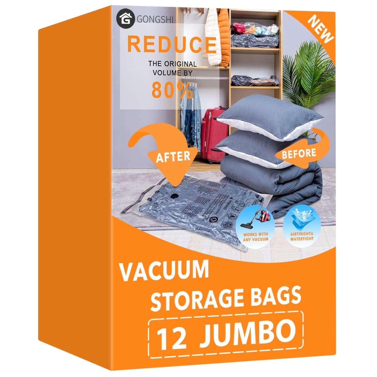 Vacuum Storage Bags (12 x Jumbo), Space Saver Sealer Compression Bags for Blankets, Comforters, Pillows, Clothes Storage
