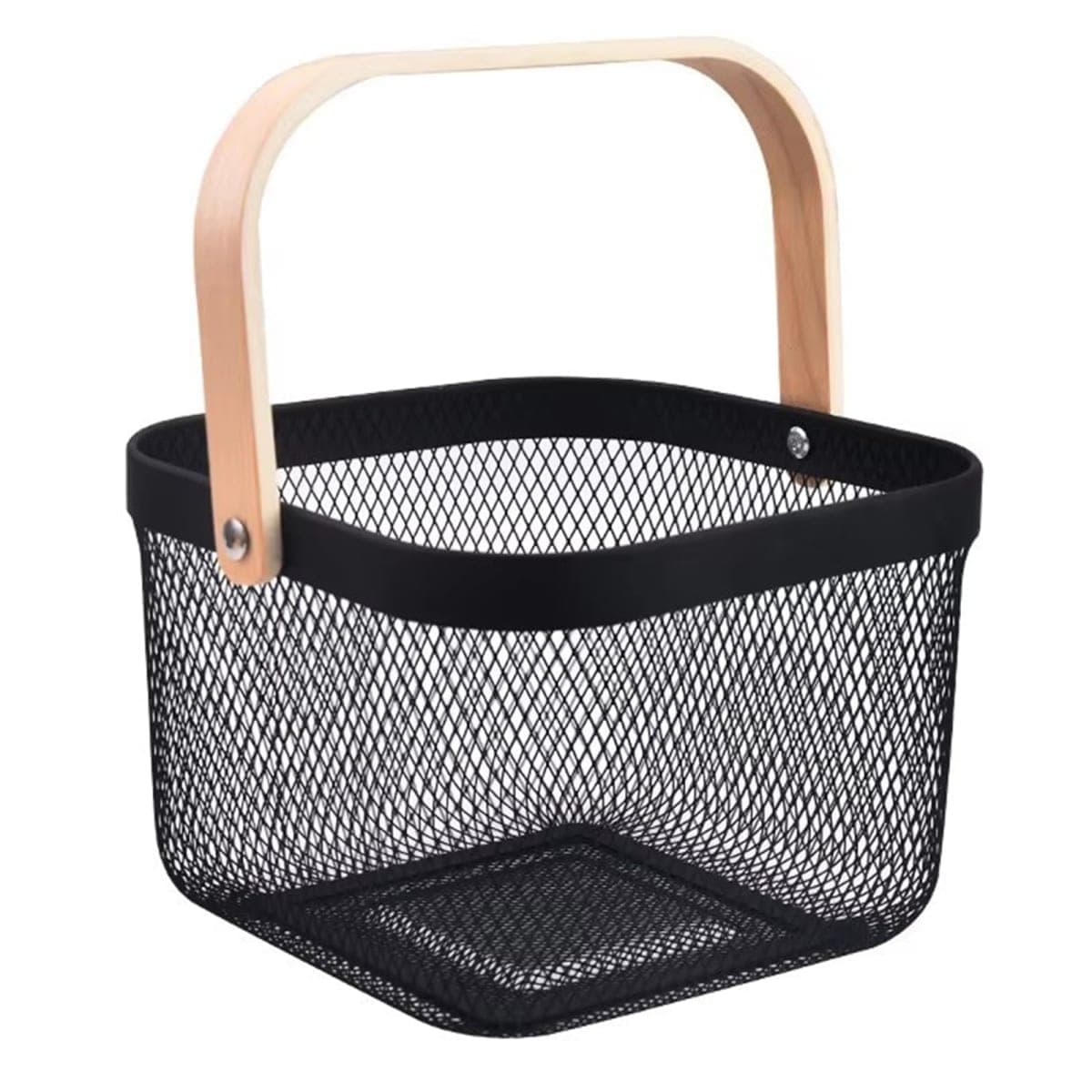 AJIODA Metal Mesh Wire Basket, Small Steel Basket with Wooden Handle Storage Organizer Basket Multi-functional Hanging Kitchen Baskets Fruit Baskets for Kitchen Bathroom Cabinet Pantry Snacks, White