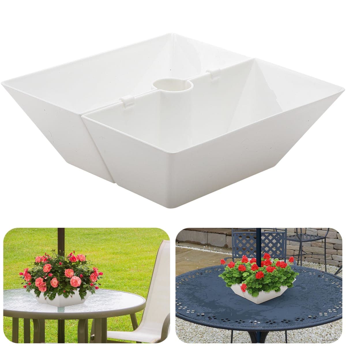 EBaokuup Umbrella Planter-Patio Table Flower Pot with Umbrella Hole-White Square Planter Pots for Indoor Outdoor Patio Table Garden Home Plants