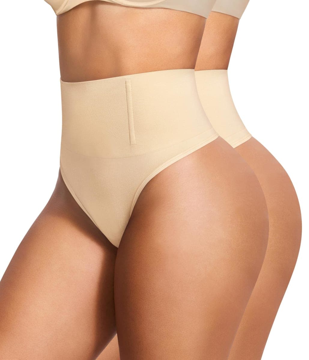 Eleady Thong Shapewear Tummy Control - 2 Piece Mid-Waist Compression Underwear Women Seamless Butt Lifting Panties, Beige+beige, Large