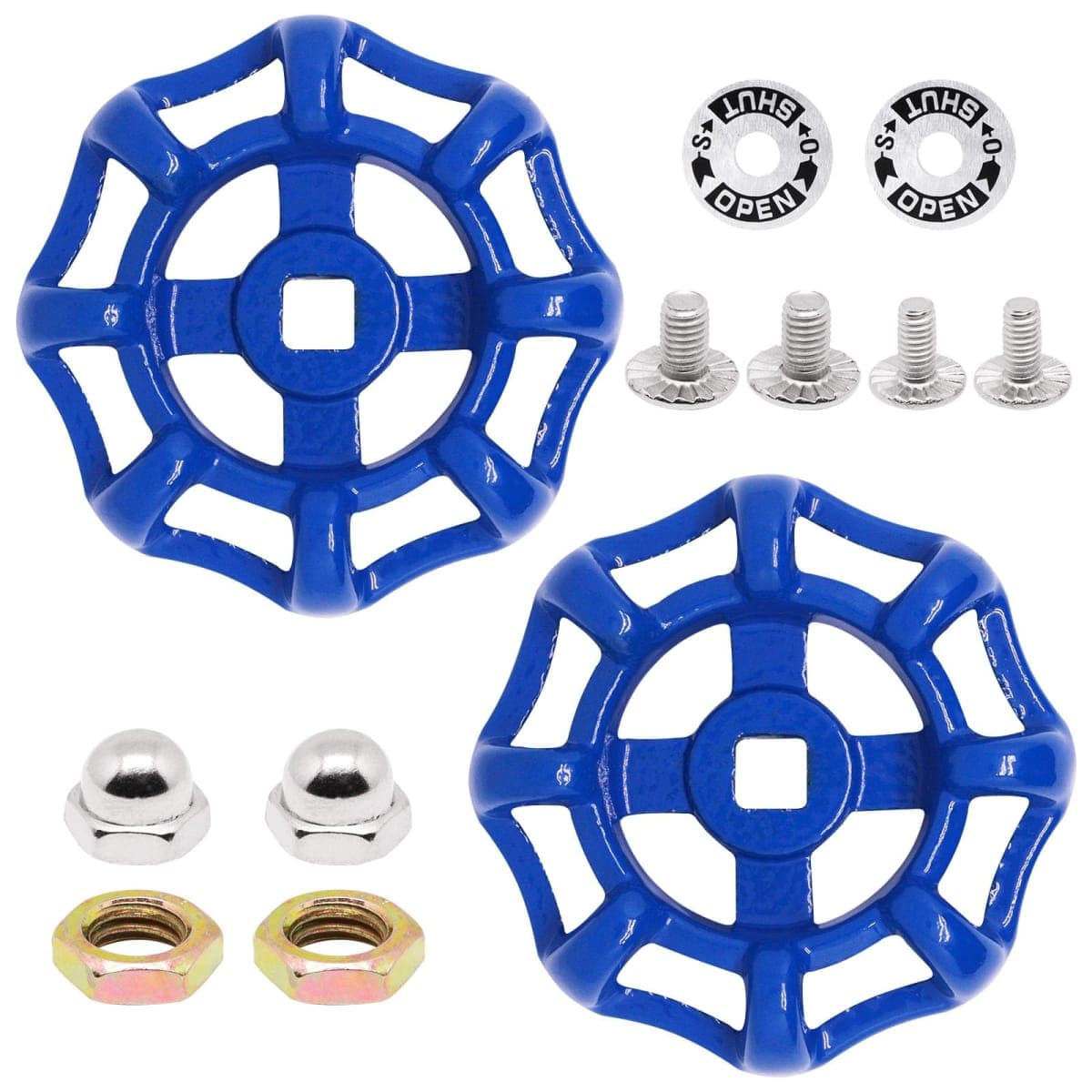 ZHMEINA 2 Pack Outdoor Faucet Handle Replacement, 7mm x 7mm Square Stem Hole Water Spigot Handle Replacement, Cast Iron Round Wheel Outside Faucet Handles with Screws Spacer (Blue)