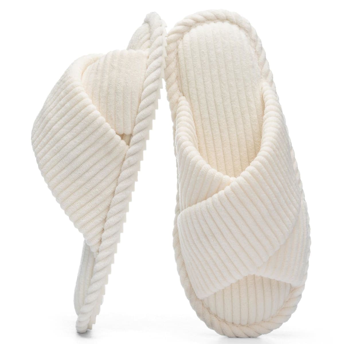 GOEWY House Slippers for Women Open Toe Fuzzy Women's Slippers Indoor Outdoor Cross Band with Corduroy Memory Foam Warm Gifts for Women Anti-Skid Size Beige 9 10