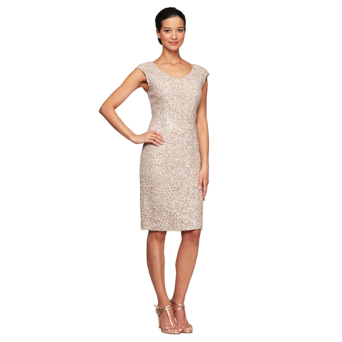 Alex Evenings Women's Knee Length V Neck Cocktail, Mother of The Bride Dress (Petite & Regular Sizes), Champagne Ivory, 4 Petite