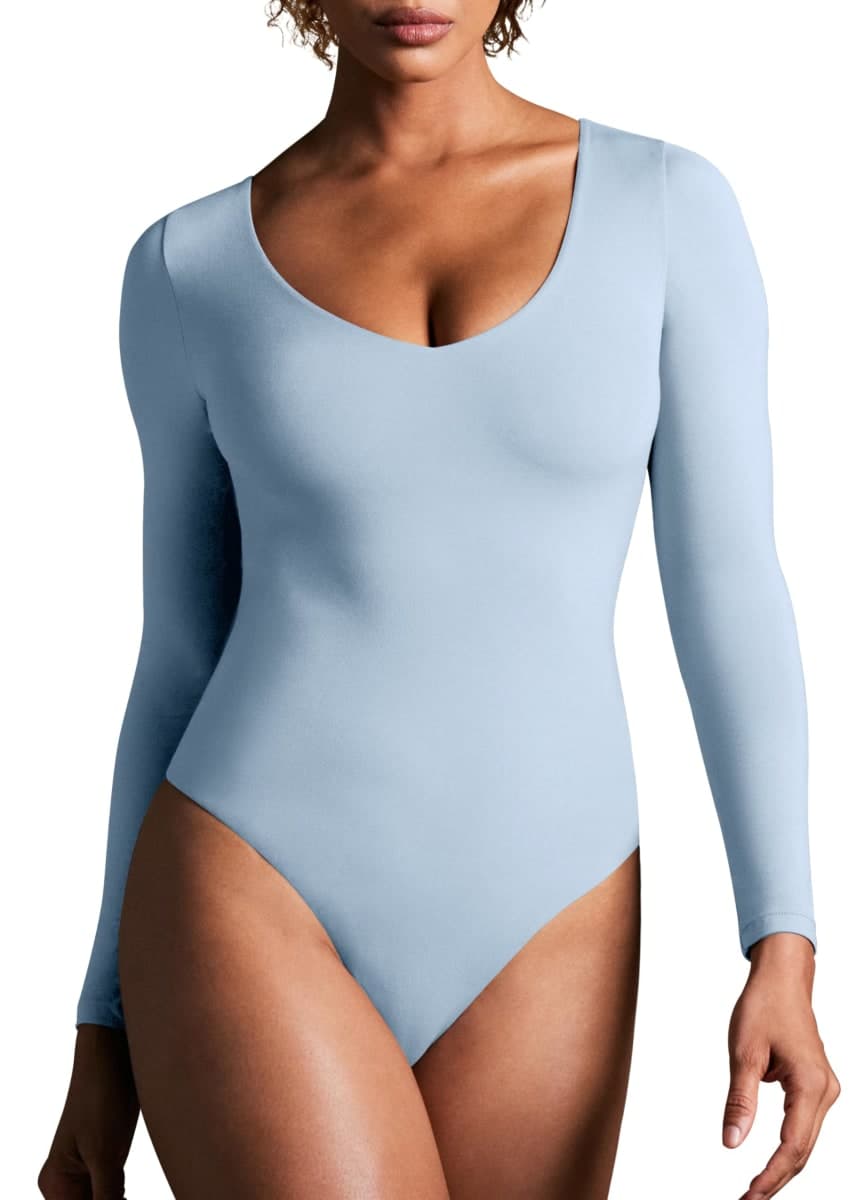 IUGA Long Sleeve Bodysuits for Women Tummy Control Shapewear Bodysuit V Neck Body Suits for Womens, Soft Blue, Medium