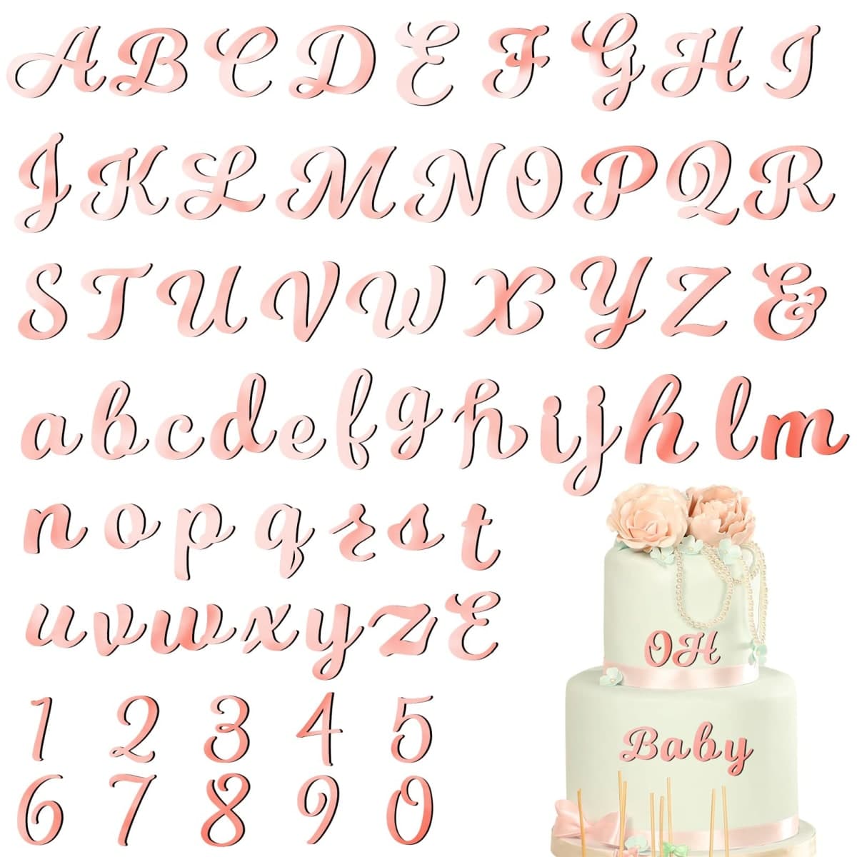 Jspupifip 64pcs Rose Gold Acrylic Cake Topper, Glitter Numbers & Alphabet Decor, Personalized Cake Picks for Anniversary, Baby Shower, Wedding Party Supplies