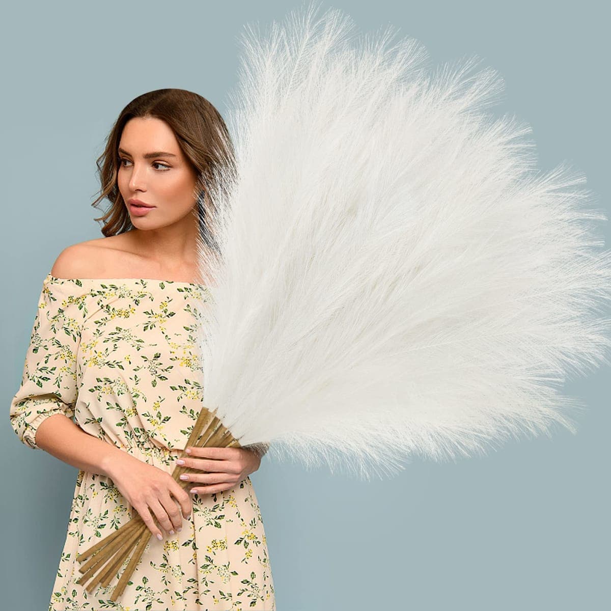 Ouddy Decor 8 Pcs Faux Pampas Grass Decor 38''/97cm Tall Artificial Large Pompas Grass Floral Fluffy Fake Plants Floor Vase Filler for Kitchen Home Boho Decorations, Ivory