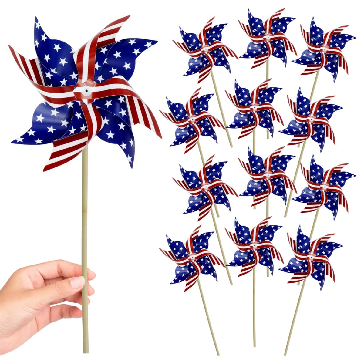4E's Novelty 18” Large Patriotic Pinwheels 12 Pack Pinwheels Bulk - Red White and Blue Decorations, Pinwheels for Yard and Garden, 4th of July Decor, Memorial Day Decor, Patriotic Outdoor Decorations