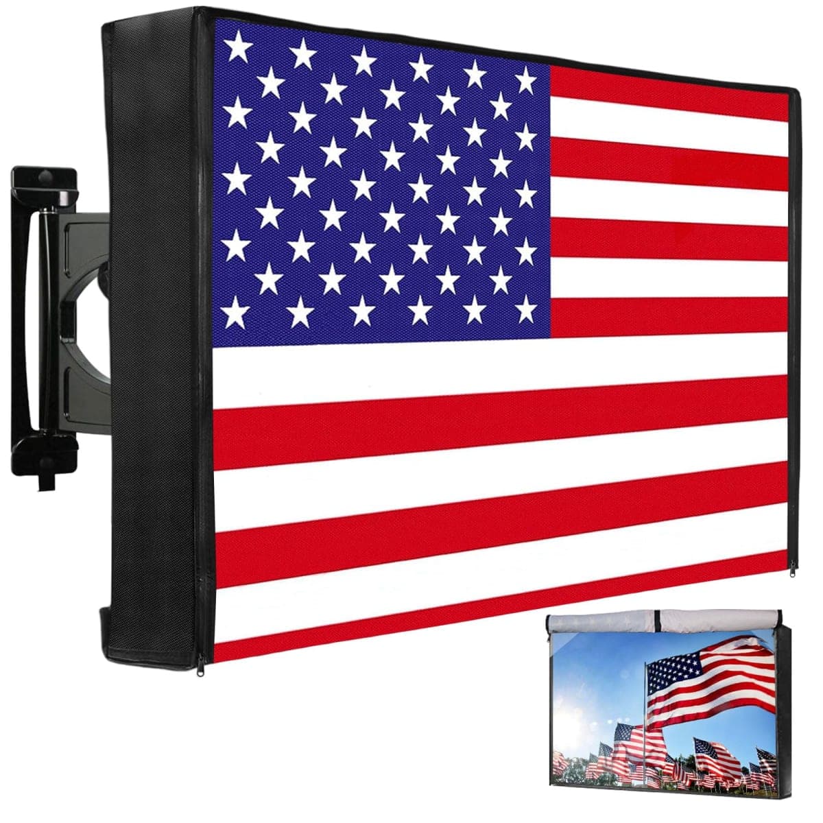 Outdoor TV Cover American Flag 52-55 Inch, HOMEYA 600D Heavy Duty Weatherproof TV Screen Protector, Waterproof Zipper Front Flap&Bottom, Outside Television Enclosure for LED LCD Flat Screen TV