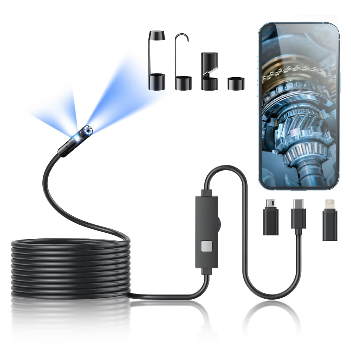Kinpthy Endoscope Camera with Light,1920P HD Borescope Tools with 8 Adjustable LED Lights, Endoscope with Semi-Rigid Snake Camera, Inspection Borescope for iOS and Android-16.4ft Dual-Lens