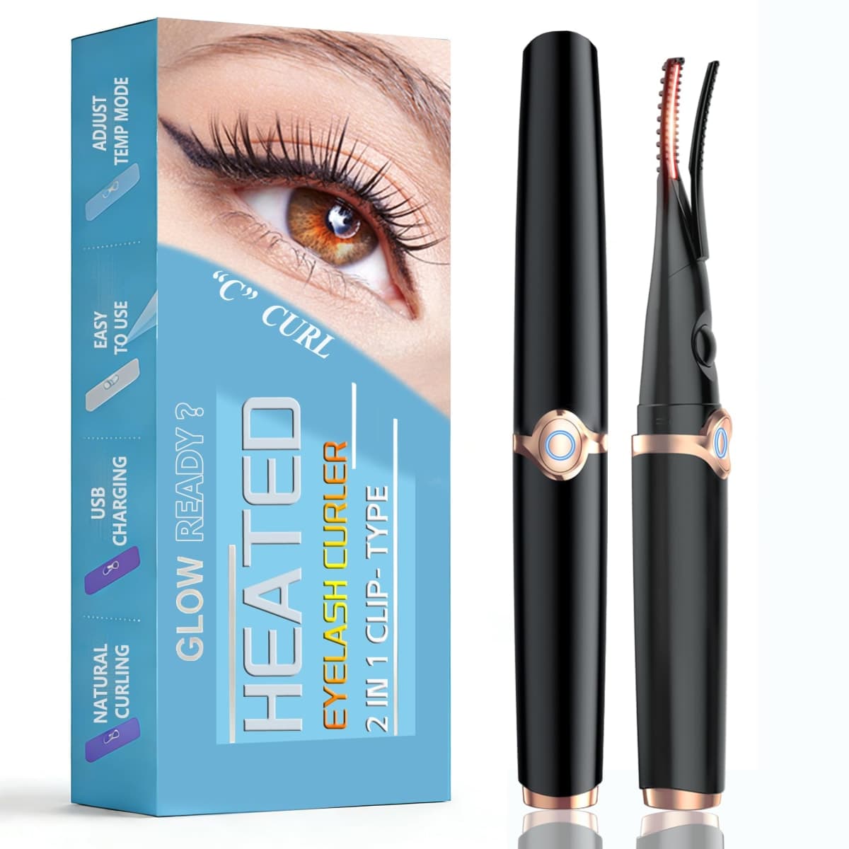 Heated Eyelash Curlers - 2 in 1 Clip- Type Heated lash Curler Best Seller Electric Eyelash Curler 3 Temp Settings for Makeup Tools USB Rechargeable Natural Curling 24H Long Lasting B2-1