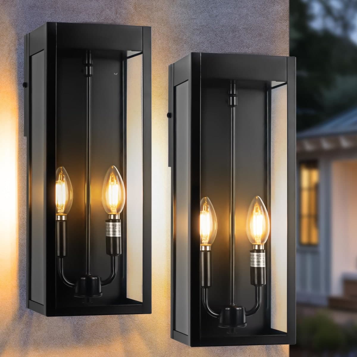 Sparluvix Outdoor Wall Lights 16 Inch Large, 2 Pack Black Modern Exterior Lighting Fixtures Wall Mounted with 2 Candle Light, Waterproof Outside Sconce Coach Garage Lanterns Porch Lamps for House E12