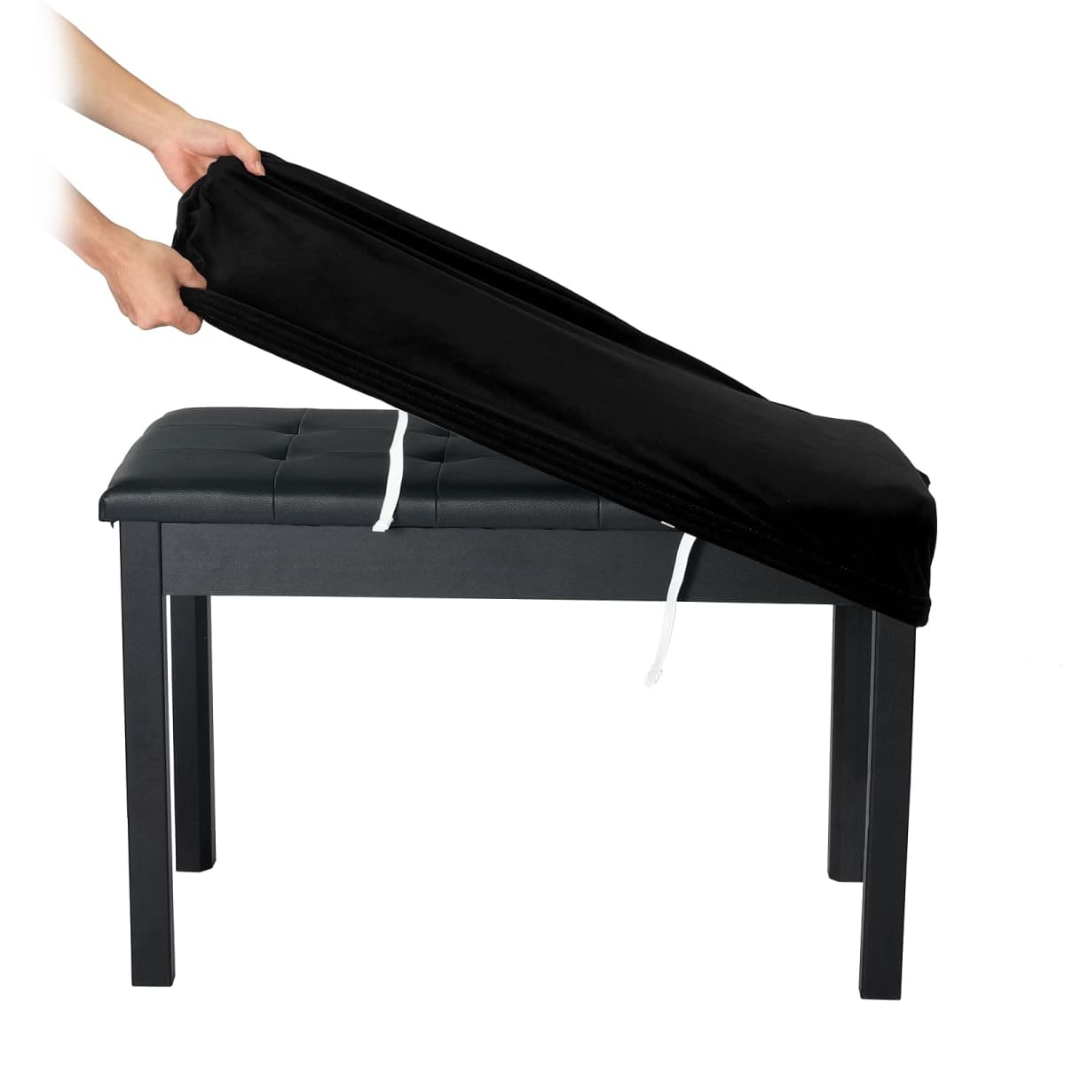 SINOSSO Soft Velvet2-Person Piano Bench Cover, (27.5"- 36.5") Lx (12"- 16") W Rectangle Stretch Washable Stool Upholstered Protector Slipcover, (M, Black)