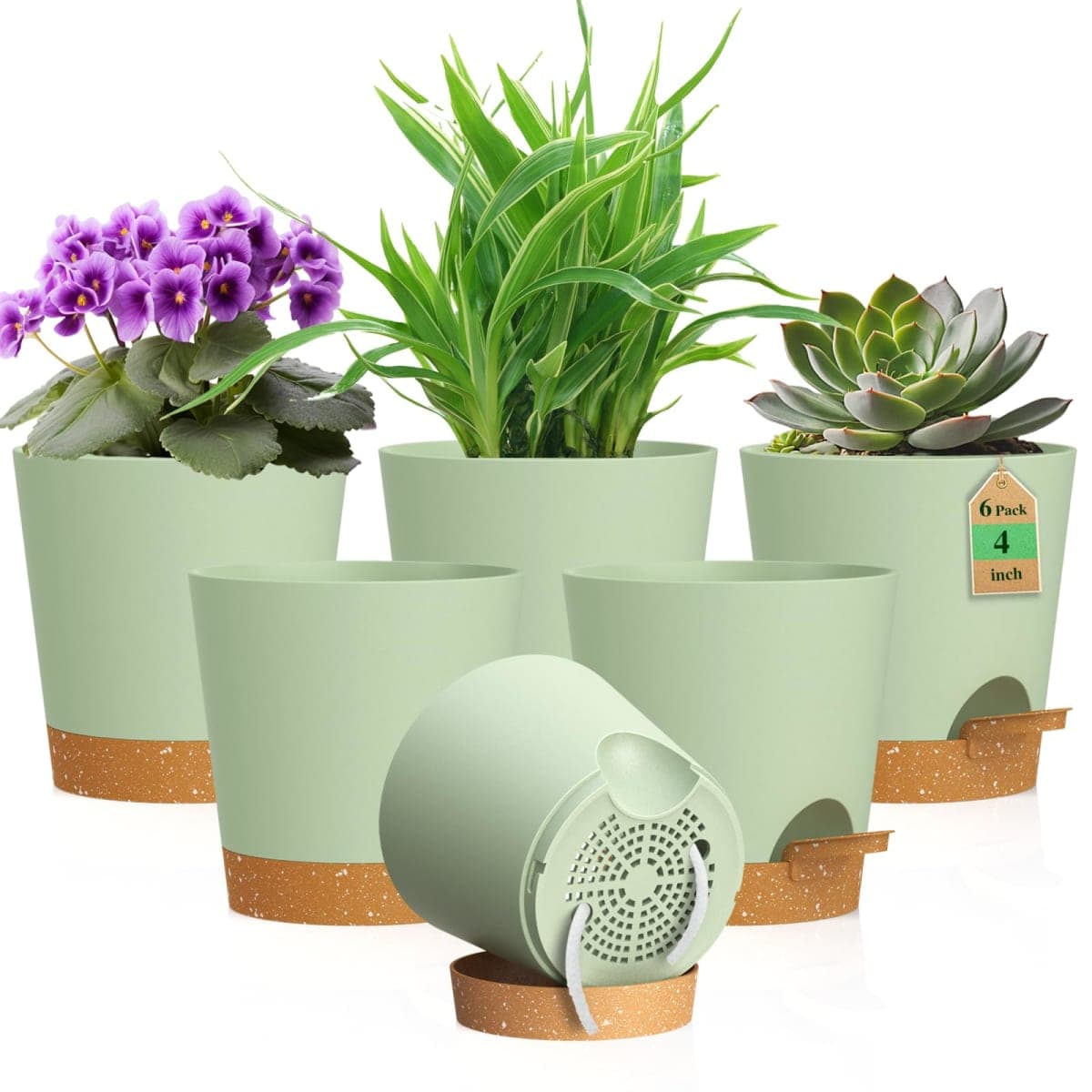 WSMKSZ 4 inch Self Watering Pots for Indoor Outdoor Plants, 6 Pack Plastic Flower Planters with Drainage Holes and Removable Saucers, Plant Pots with Wick Rope, Modern Decor, Green Brown