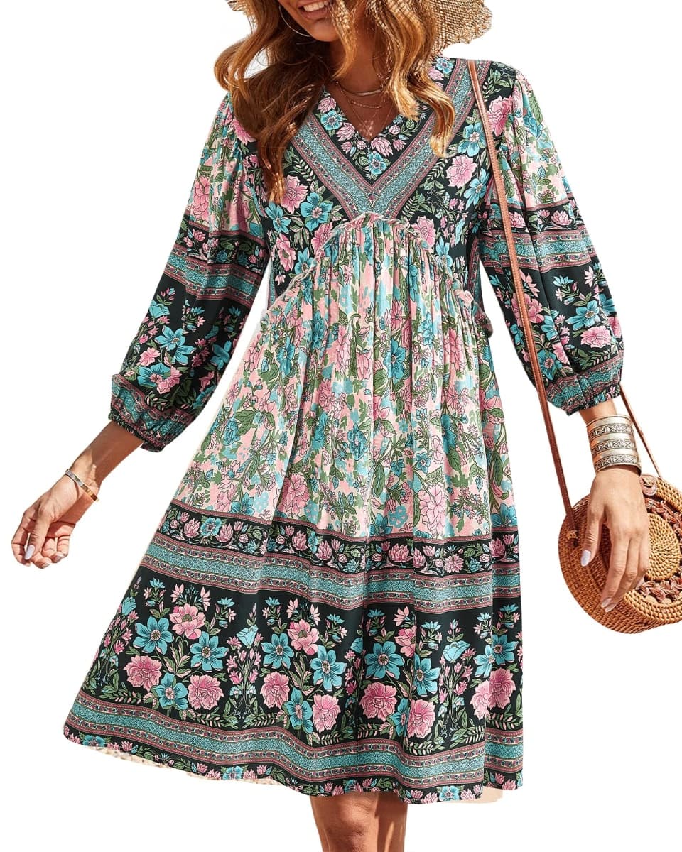 BTFBM Women Casual Spring Summer Dresses V Neck 3/4 Long Sleeve Ruffle Floral Flowy Boho Babydoll Mini Beach Dress(Floral White Red, Small)