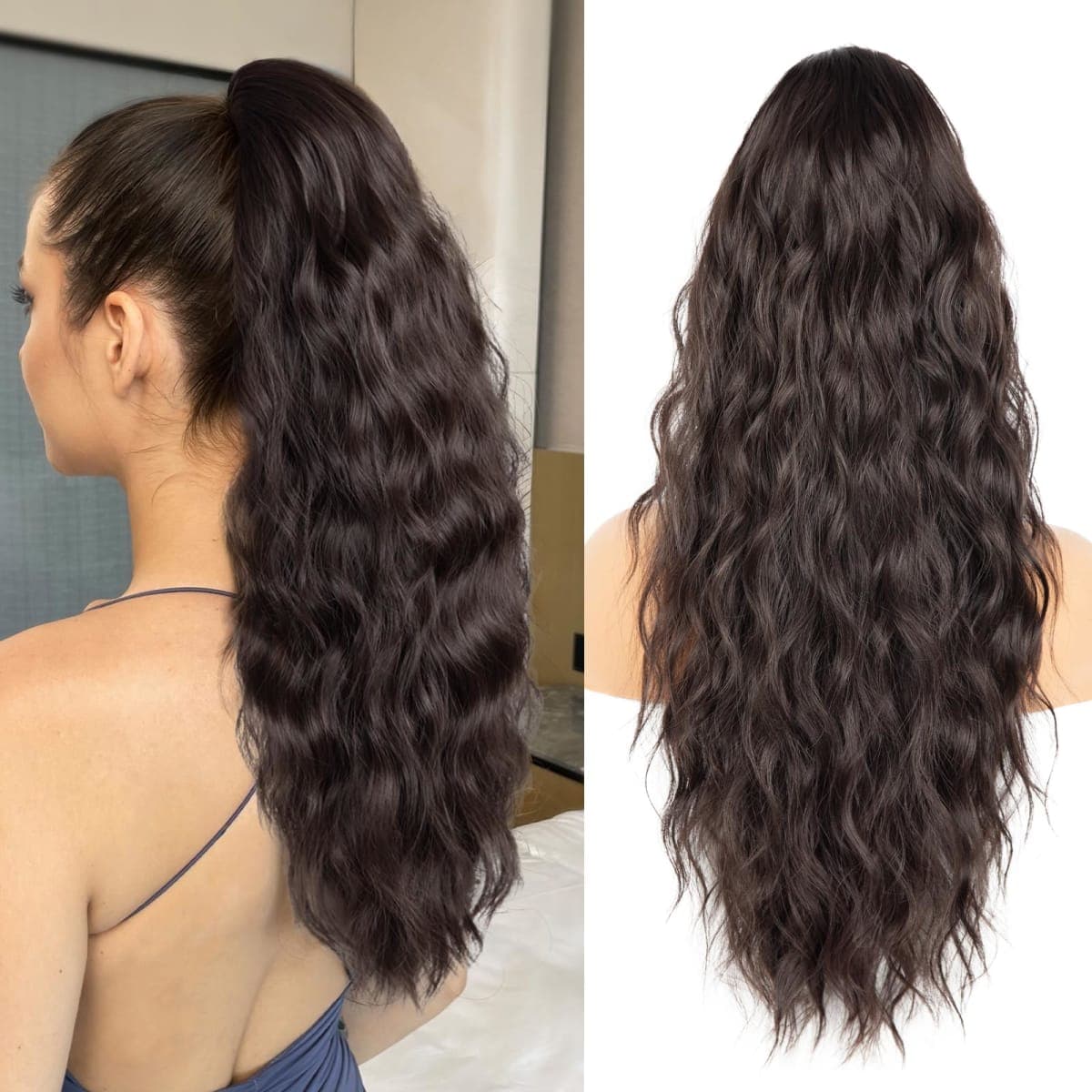 Drawstring Ponytail for Women, 26 inch Dark Brown Ponytail Extension, Long Wavy Pony Tails Hair Extensions, Synthetic Hair Extensions Ponytail for Daily Use (Color: Brown)