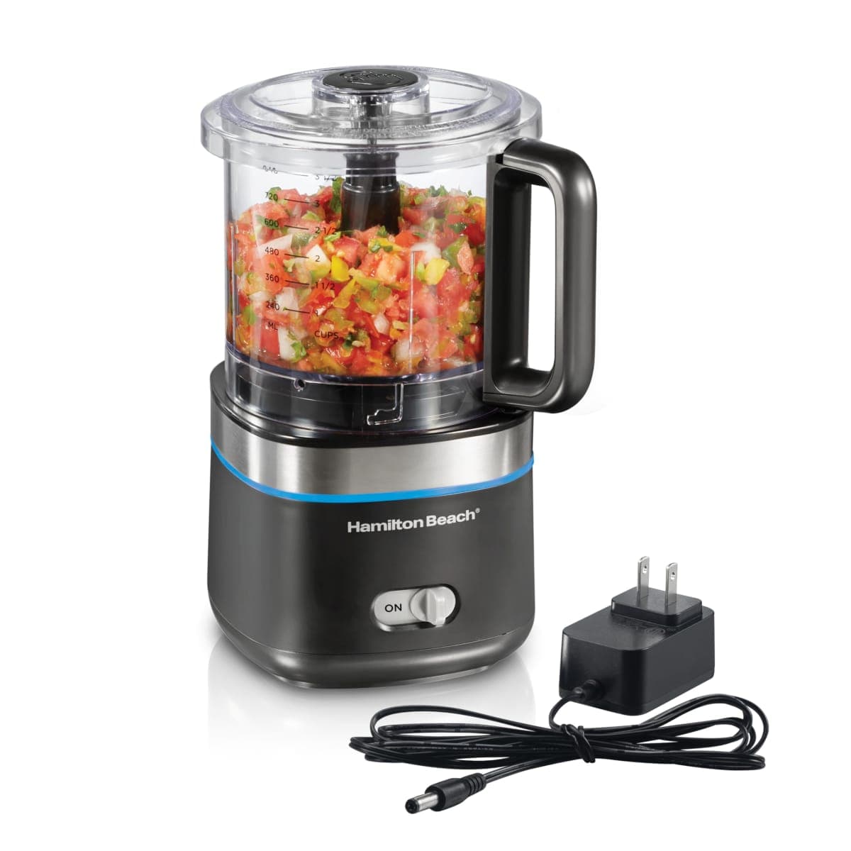 Hamilton Beach Cordless Food Chopper & Mini Food Processor, 4 Cup Capacity, Rechargeable Lithium Ion Battery, Fast Recharging, Chop, Puree, Emulsify & Grind, Black, 72880