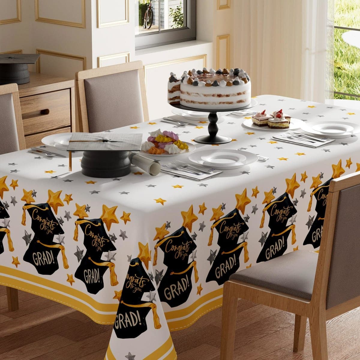 XCHI Congrats to You Grad Watercolor Graduation Cap Stars Tablecloth Round Washable Table Covers for Indoor Outdoor Dining Table Home Party Decorations 60x60 Inch