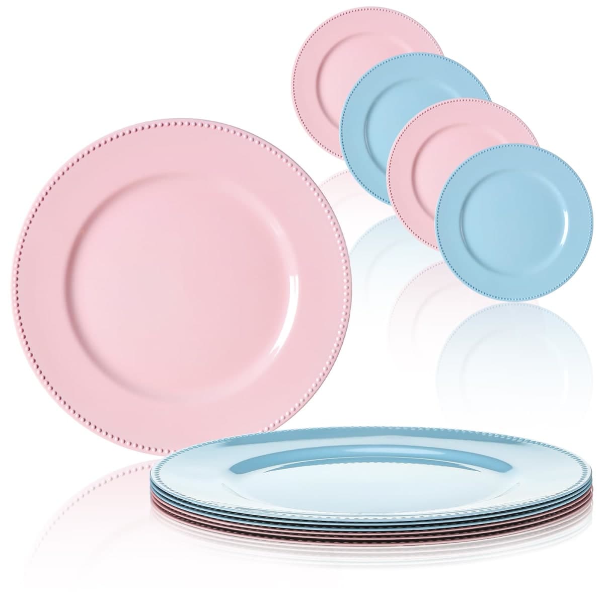 LemonRoad 6 Pcs Pink and Blue Charger Plates with Beaded Rim 13 Inch Pink and Blue Plastic Dinnerware Plates for Baby Shower Gender Reveal Birthday Party Supplies