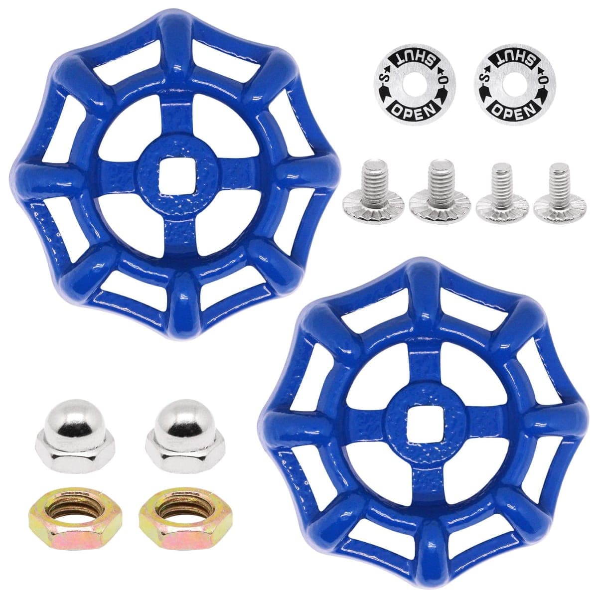 ZHMEINA 2 Pack Outdoor Faucet Handle Replacement, 6mm x 6mm Square Stem Hole Water Spigot Handle Replacement, Cast Iron Round Wheel Outside Faucet Handles with Screws Spacer (Blue)