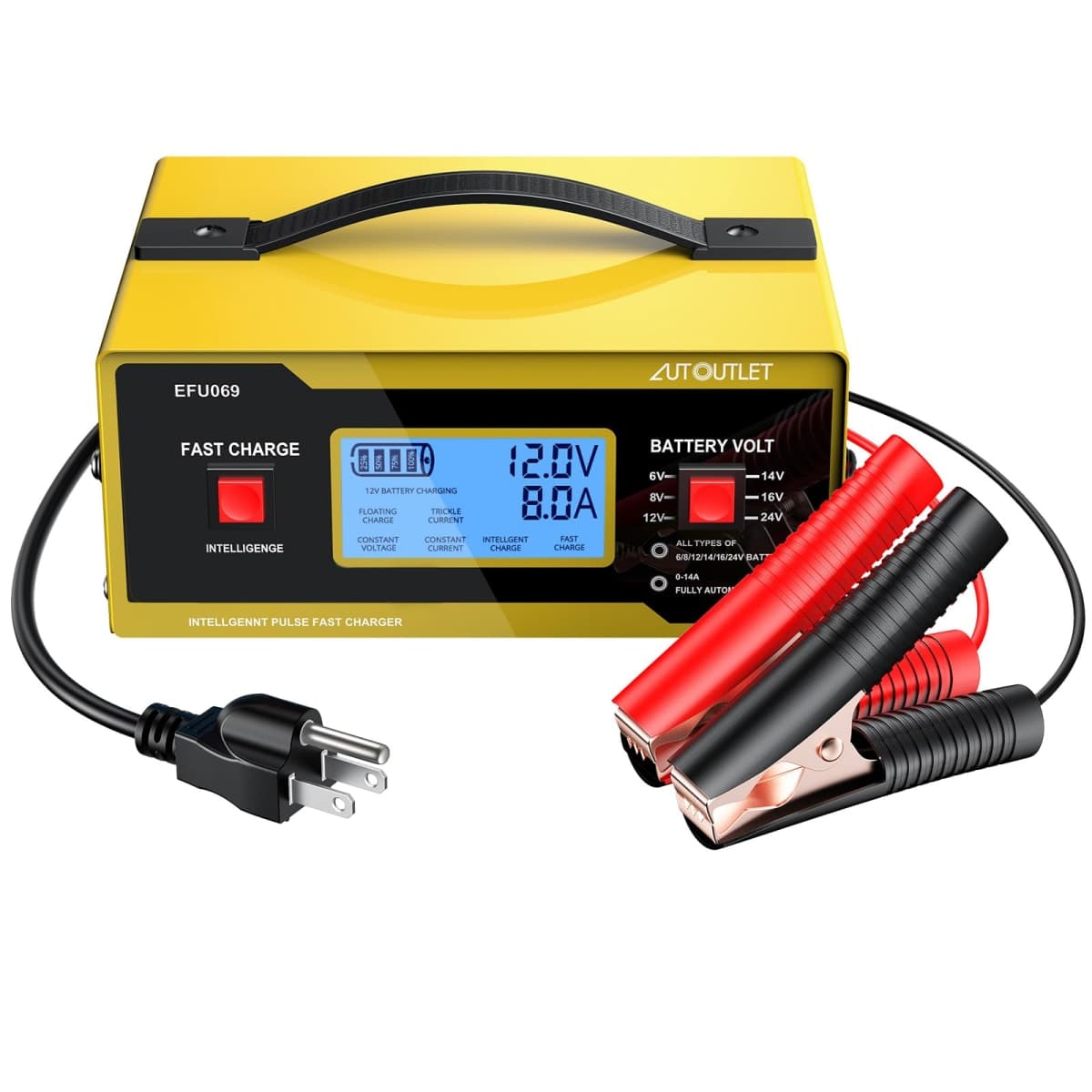 AUTOUTLET Upgraded 6/8/12/14/16/24V Battery Charger Automotive Smart Car Battery Charger and Trickle Maintainer 0-14A Fully Automatic with Cable Clamps