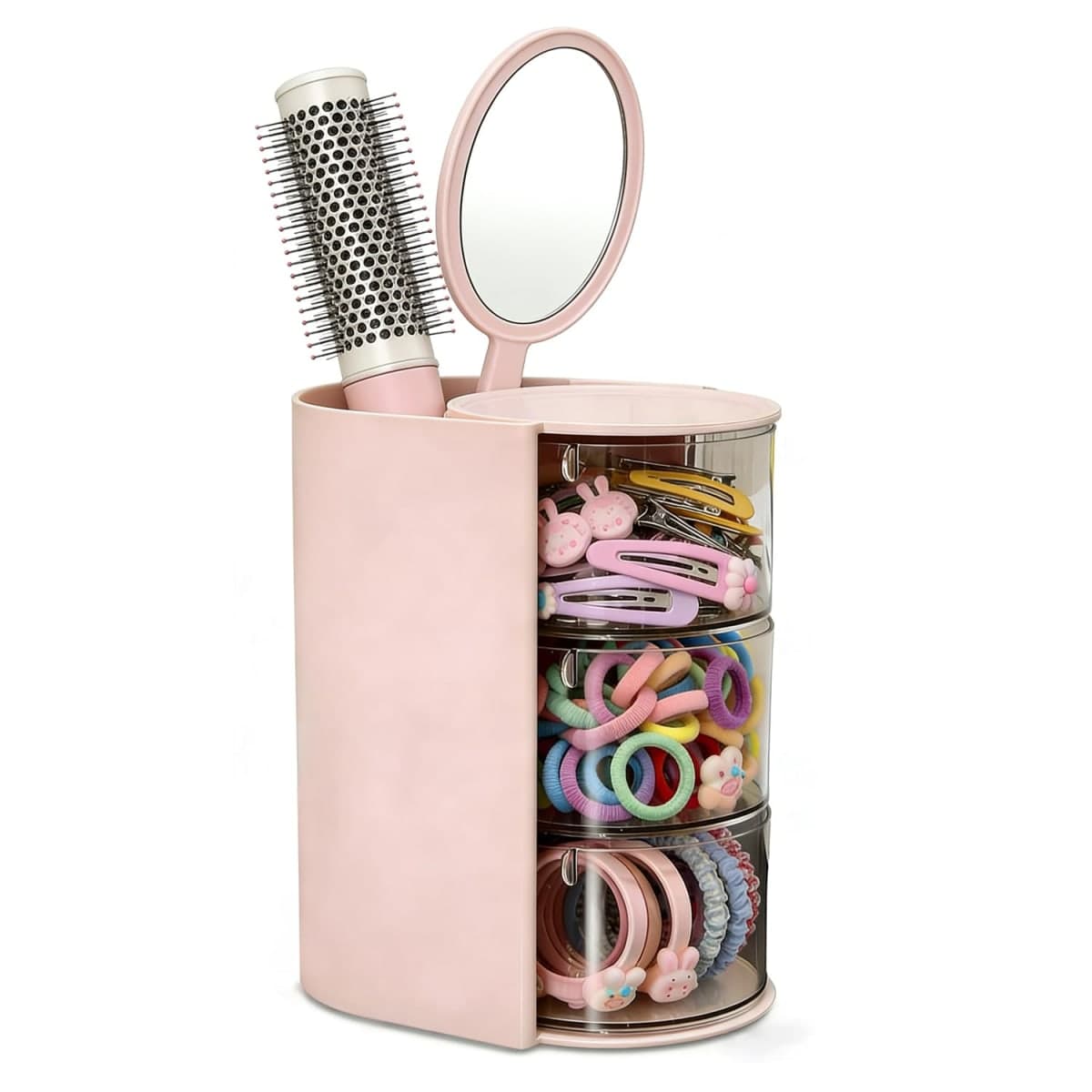 Goujfol Hair Accessories Organizer, 3 Layer Hair Tool Organizer with Brush Holder, Rotatable Makeup Storage Organizers for Girls, Storage Box for Clip, Rings (Pink)