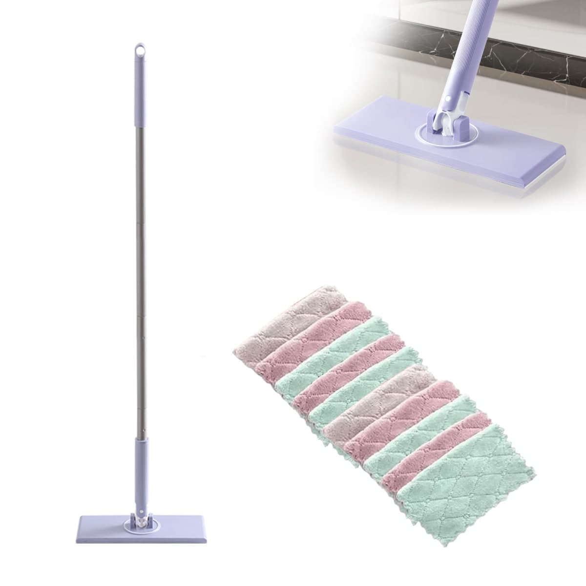 Snap Grip Mini Mop,Cloth Changing Mini Mop,No-Touch Lnstant Lnstallation Removal Wipes,Compatible with Swiffer Pads,360 Degree Rotating for Whole House Cleaning Essentials(50 inches+Cloth *10).