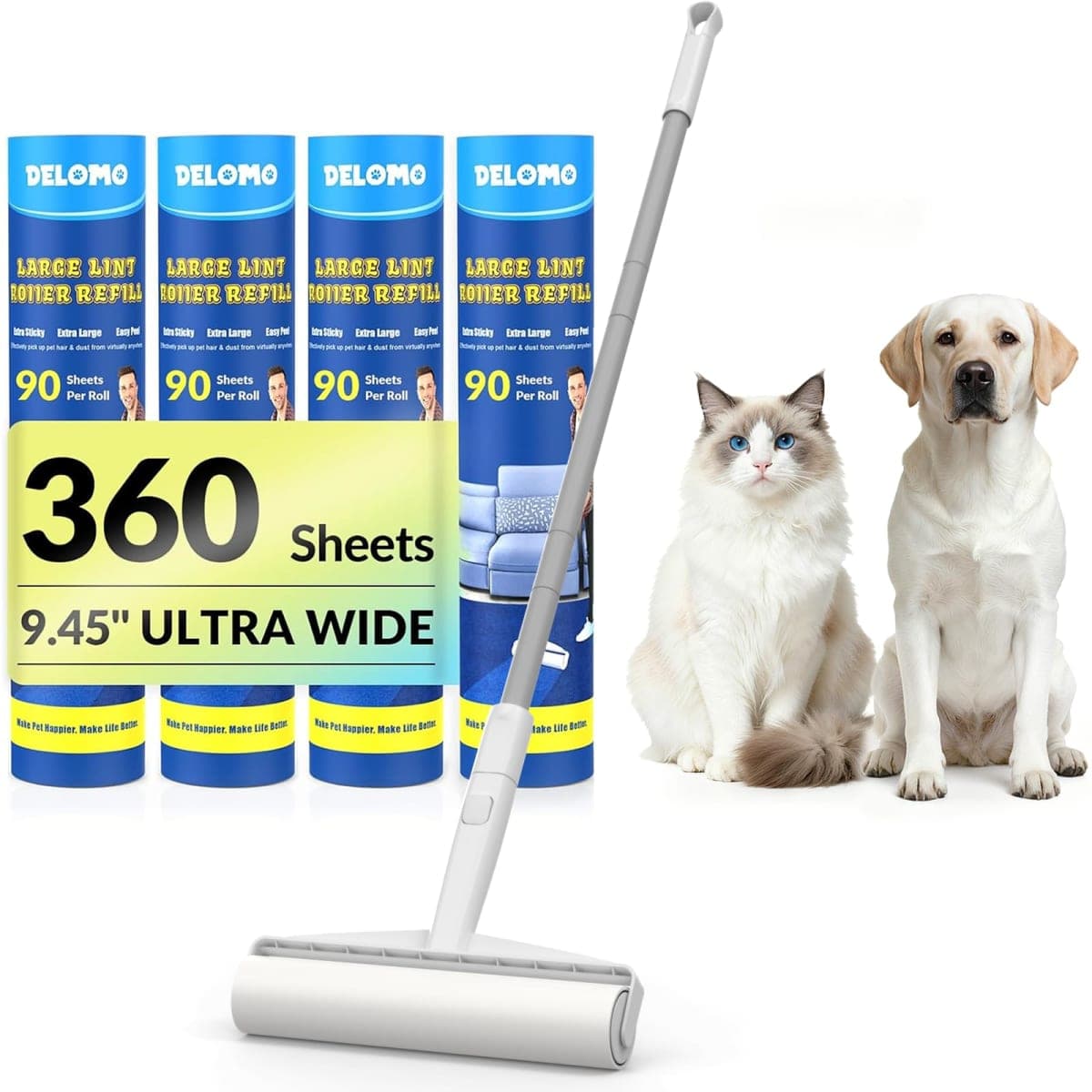 Large Lint Rollers for Carpet, Sticky Rollers for Floor DELOMO 9.45 in with 3 Extendable Handle,Long Handle Sticky Mop for Cleaning Carpets, Cars, Clothing,