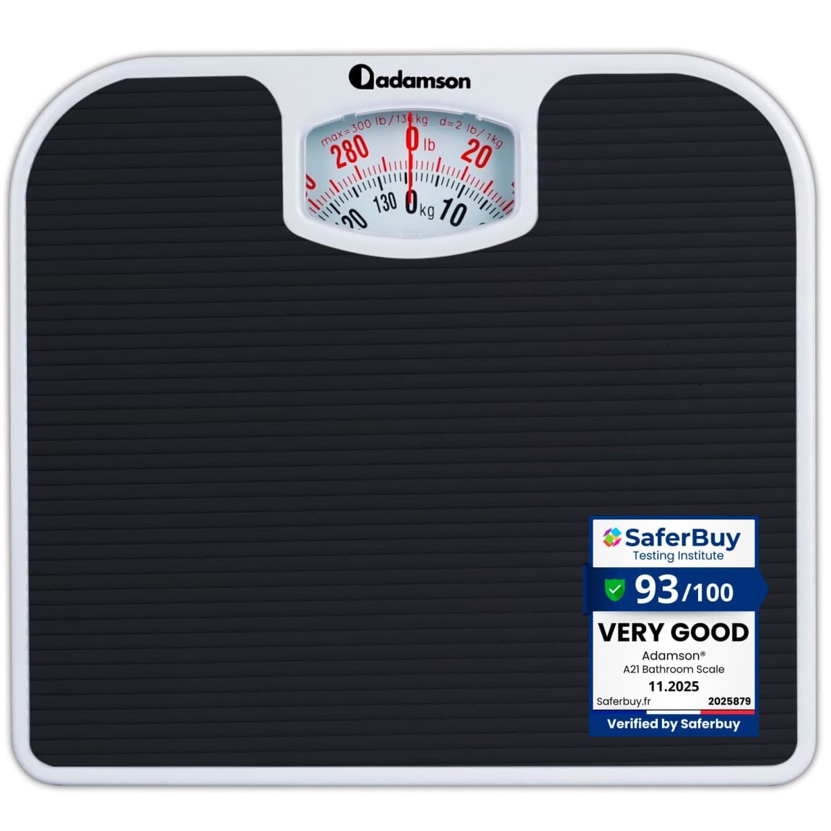 Adamson A21 Analog Scales for Body Weight - Up to 300 LB - New Version - Anti-Skid Rubber Surface - Large Numbers - Analog Bathroom Scale - Affordable - Durable with 20-Year Assurance - Black
