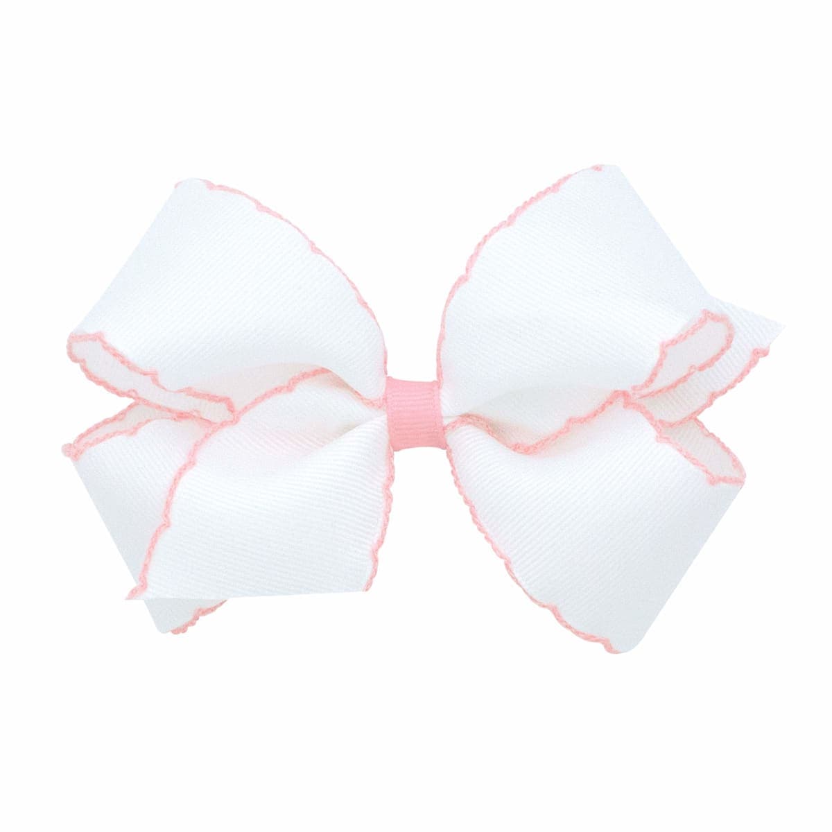 Wee Ones Baby Girls' Medium Classic Grosgrain Moonstitch Hair Bow on a WeeStay Clip - White w/Light Pink Stitching
