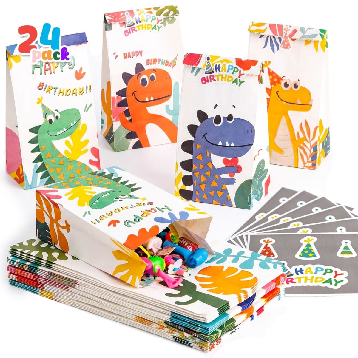 JOHOUSE 24PCS Dinosaur Party Favor Bags, Paper Gift Bags with Stickers Treat Bags Dinosaur Goodie Bags for Birthday Baby Shower