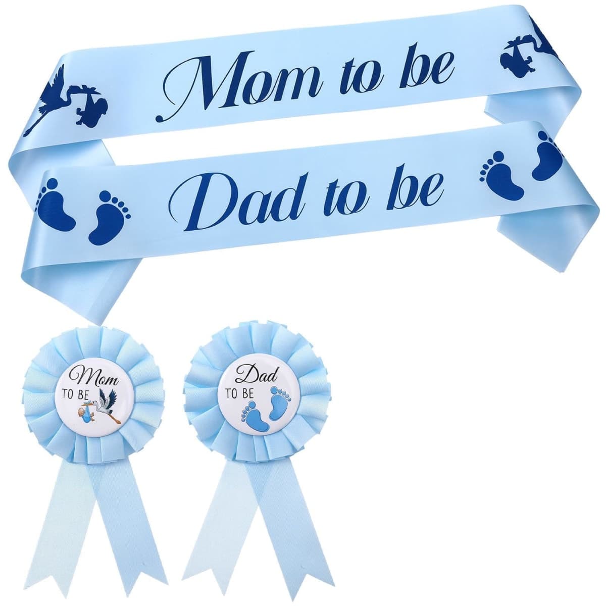 DOPENSPI 4PCS Mom to be and Dad to be Baby Shower Sash with Corsage Pin, Blue Satin Baby Shower Decorations for New Mom Dad Gender Reveal Party Decorations