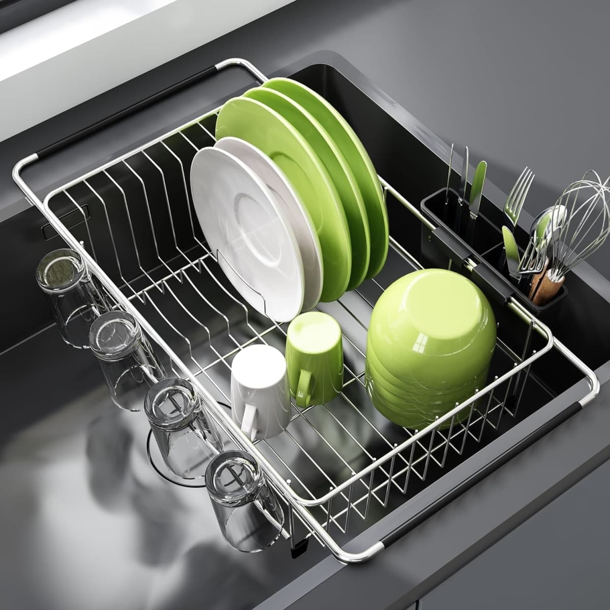 JASIWAY Dish Drying Rack in Sink, Expandable Stainless Steel Dish Drainers for Kitchen Counter, Dish Dryer Rack for Inside Sink, Over The Sink Dish Racks with Utensil Holder