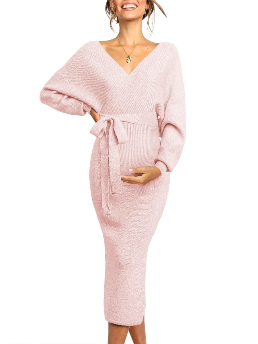 Chang Yun Maternity Nursing Dress Sweater Dress for Women Wedding Guest Dress Baby Shower Maternity Photoshoot Outfits, Pink, Large