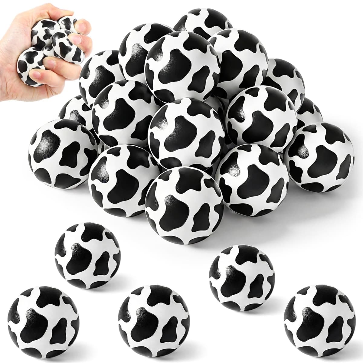 Capoda 24 Pieces Cow Party Favors - Bulk 1.57 Inch Cow Print Stress Balls, Squeeze Sensory Toys for Farm Animal Birthday Party Favors Goodie Bags Stuffers Office Anxiety Fidget Touch Gifts