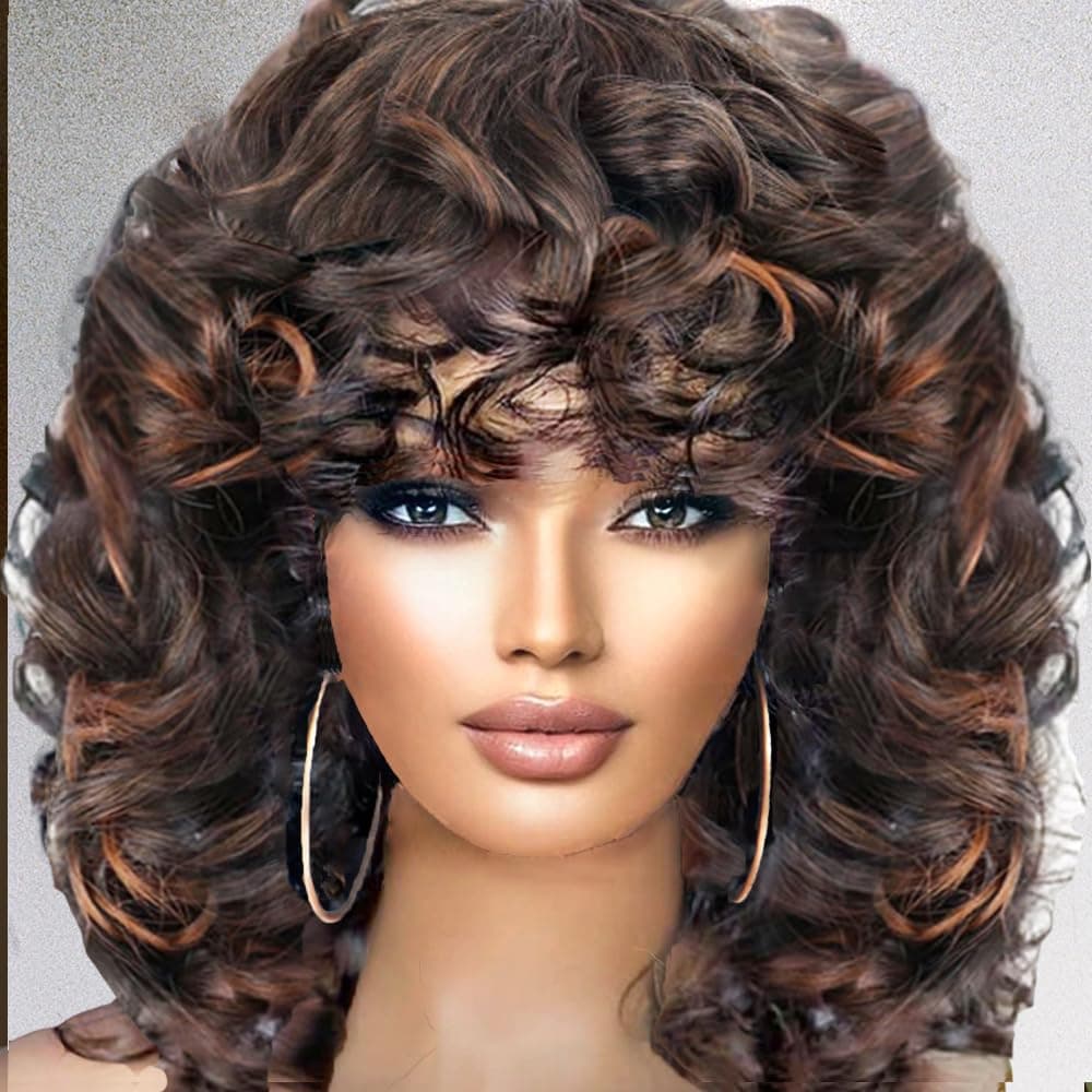 Retoleca Afro Curly Wigs for Black Women Short Ombre Brown Wig Soft Big Bouncy Fluffy Curls Afro Synthetic Wigs for Daily Party Use(Ombre Brown,14Inch)