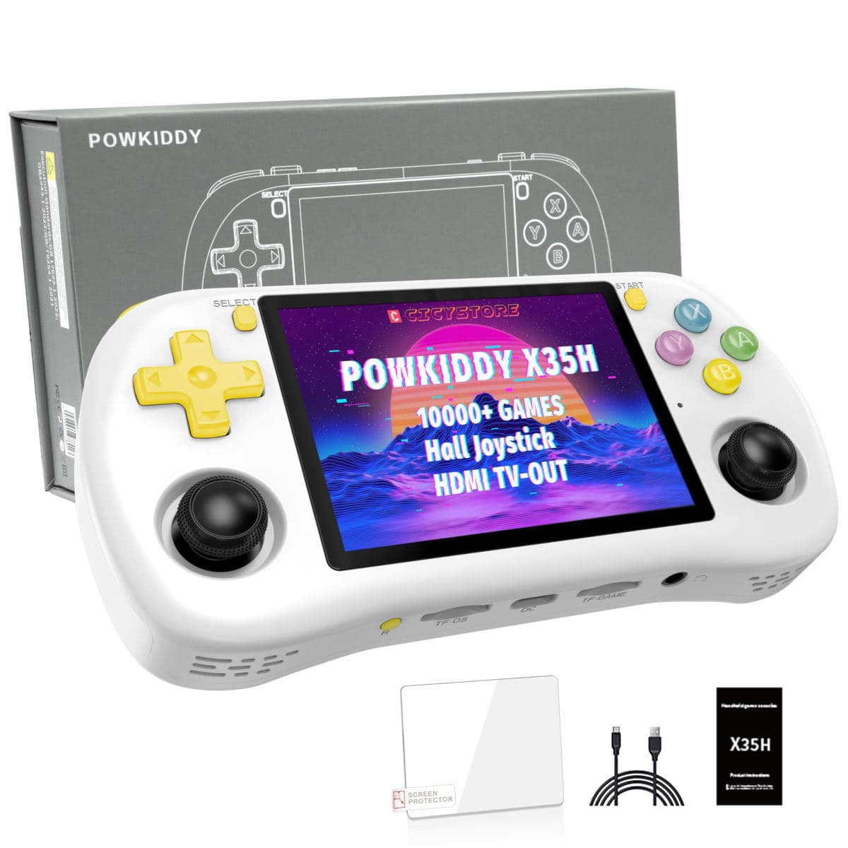 Powkiddy X35H Retro Handheld Game Console, - 10,000+ Games, 3.5" IPS, HDMI TV-Out, 4-6 Hour Playtime, Hall Joysticks, 64GB+ Dual Slots (White)