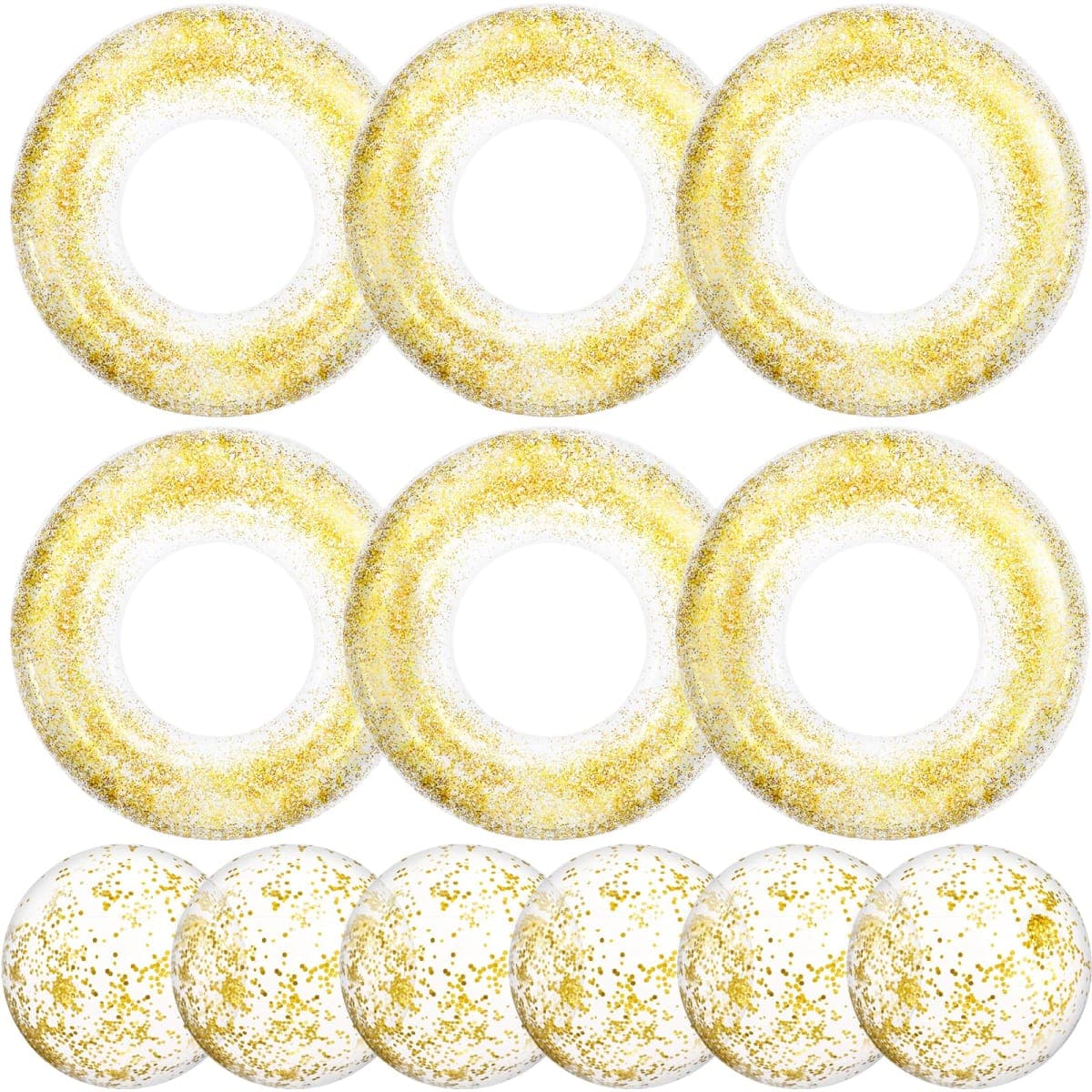 Glimin 12 Pack Pink Striped Inflatable Pool Floats Set Include 31 Inch Adults Swim Rings and 16 Inch Inflatable Beach Balls with Gold Confetti for Summer, Beach & Pool Party Decorations