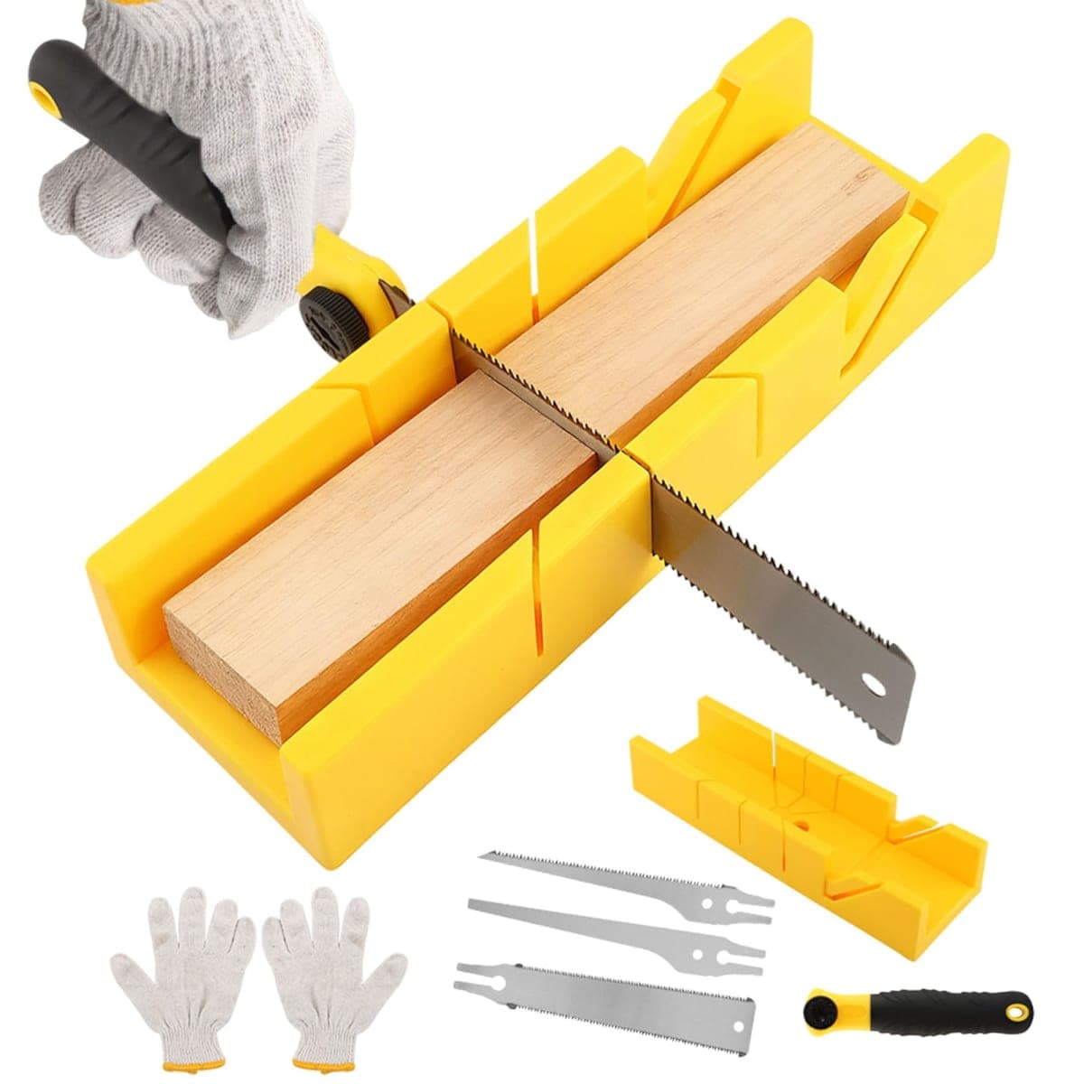 Miter Box and Saw Set, 4-Piece Japanese Hand Saw with 3 Replaceable Blades & Work Gloves for Precise 45/90/135° Cuts in Wood, Baseboard, PVC, Soft Metals