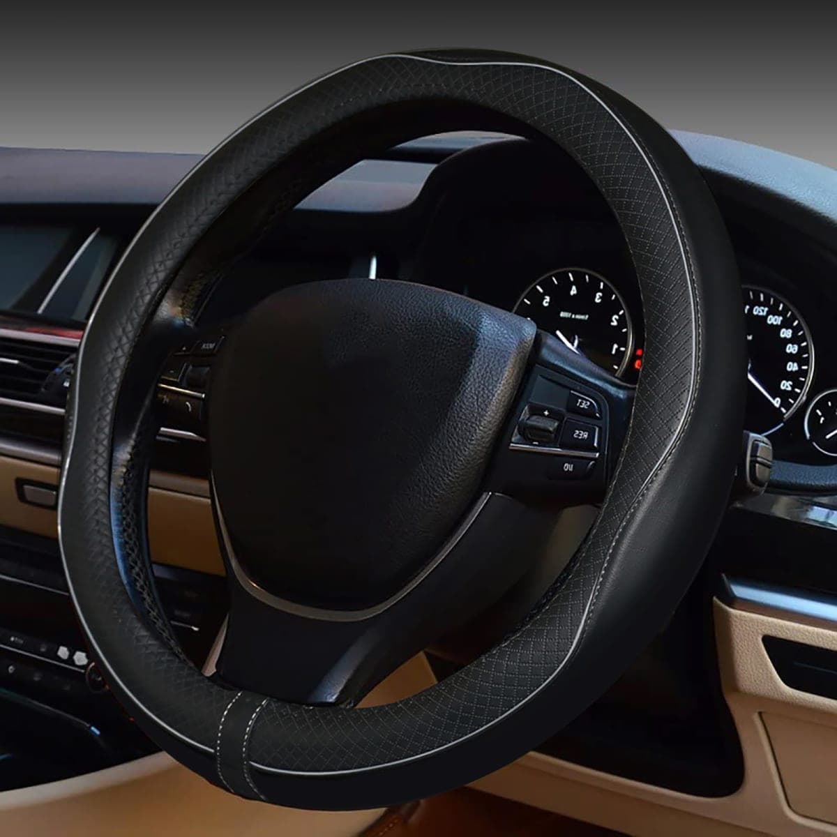 ESEWALAS Universal Car Steering Wheel Cover,Anti-Slip Leather Steering Wheel Cover,Sports Style Steering Wheel Protector,Car Interior Accessories Auto Steering Wheel Covers (Black with Gray)