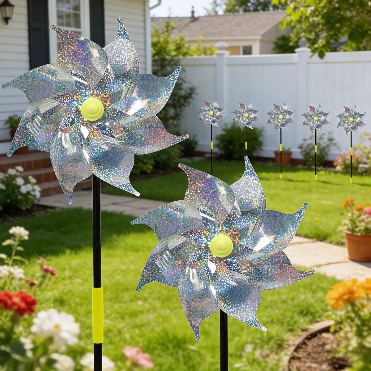 12 Pack Reflective Pinwheels with Stakes, Pre-Assembled Sparkly Wind Spinners, Outdoor Garden Blind Birds Wind Spinner, Keep Birds & Animal Away from Yard, Lawn & Patio (Silver)