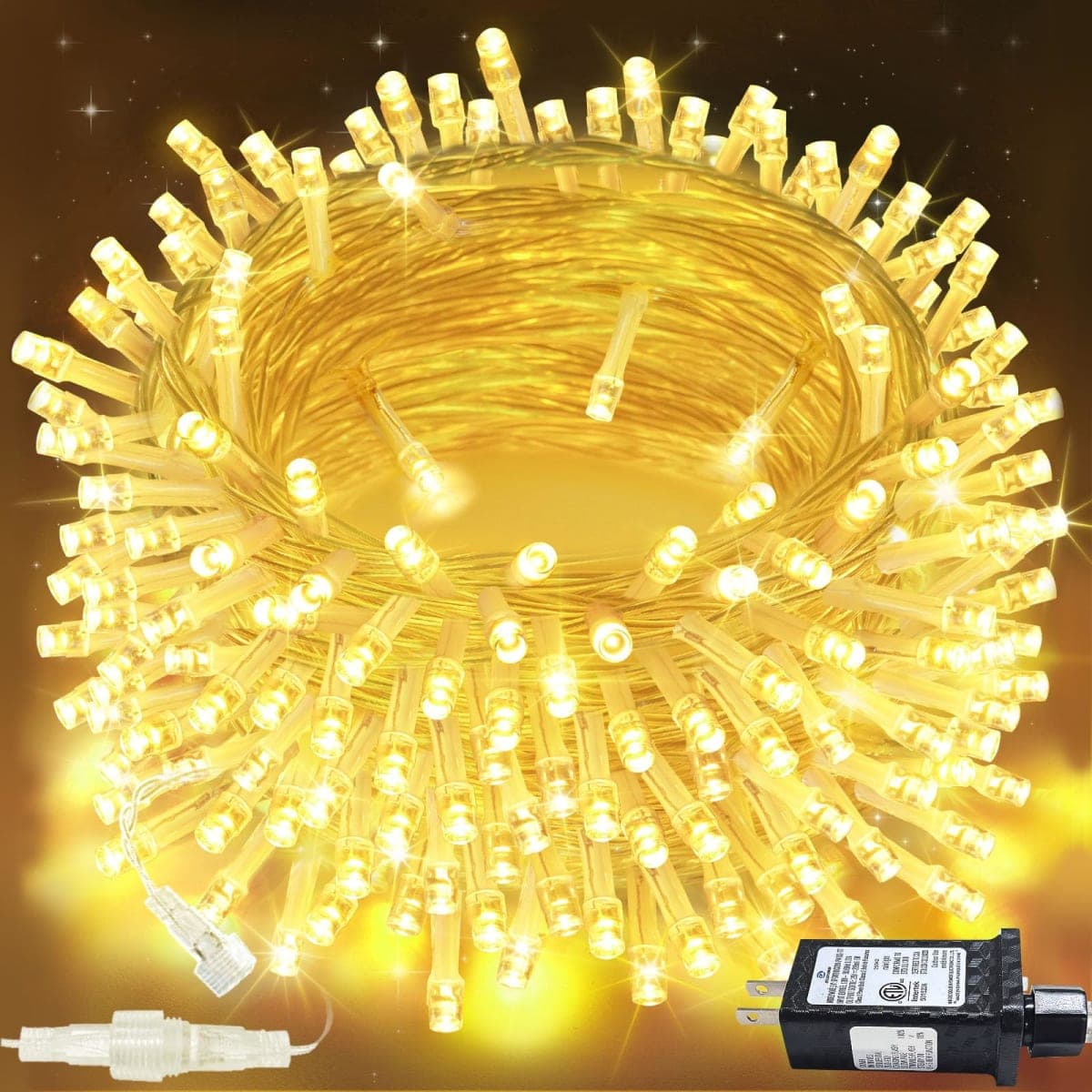 SANJICHA Upgraded Outdoor String Lights Waterproof Christmas Lights Dimmable 66FT 200LED Warm White Safety Plug in String Lights 8 Modes for Indoor Patio Wedding Garden Party Bedroom