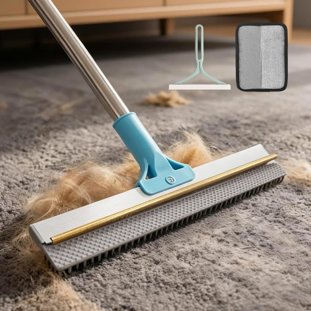 BFNN Carpet Rake for Pet Hair Removal | Reusable Dual-Action Carpet Broom Tool with Metal Scraper & Silicone Brush | 54" Adjustable Handle | 3Pcs Cat & Dog Fur Cleaning Kit for Rugs, Couch & Furniture