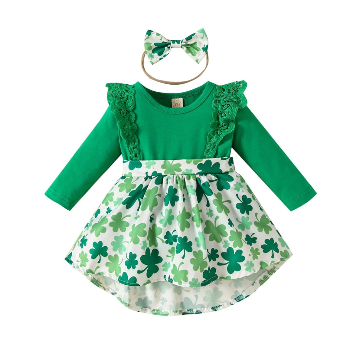 Noubeau Infant Baby Girl St.Patrick's Day Dress Ruffle Long Sleeve Romper Top Lucky Clover Print Skirt Outfits+Headband, Green-2, 12-18Months