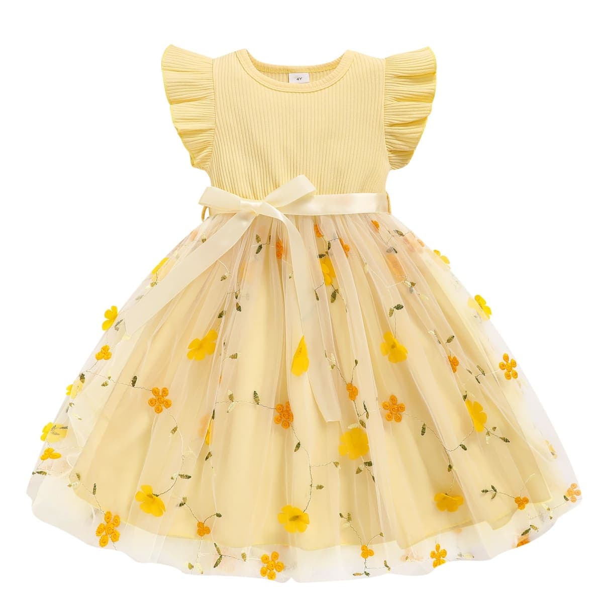 Sinhoon Toddler Girl Tulle Dress Summer Ruffle Sleeveless Baby Girl Fashion Casual Dresses 1-6Y, Flower Yellow, 5T