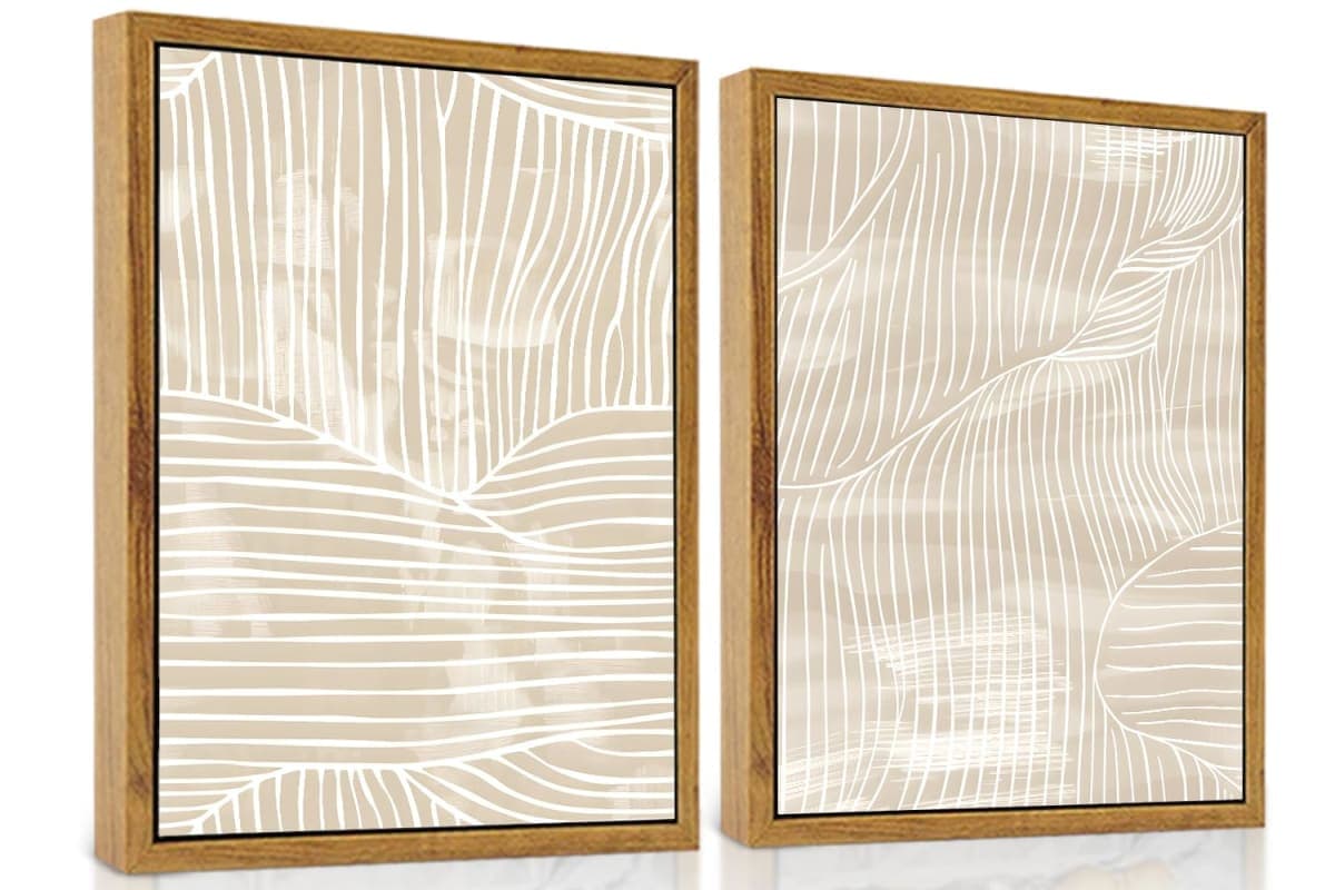 ARTZIO Framed Canvas Wall Art–Abstract Mid‑Century Minimalist Boho Vintage Set of 2 Beige Prints,Ready to Hang for Living Room,Bedroom, Bathroom & Office–12×16″