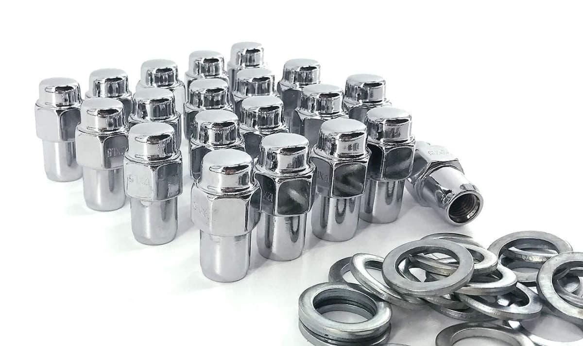 Set of 20 pcs Wheel Lug Nuts M12X1.25,13/16" Hex/Wrench, Total Length 1.68"(42.67mm), Chrome Flat Top Mag 0.75", 2-PC Standard Mag Shank Closed End Chrome Lug Nuts Set with Washer